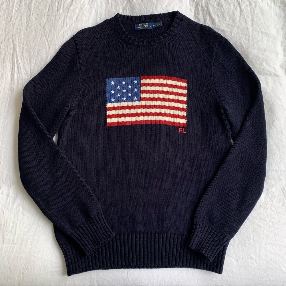 Polo Ralph Lauren Iconic American Flag Knit Cotton Crewneck Sweater Hunter Navy